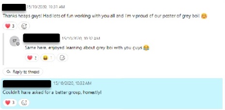 Screenshot of a Webex chat showing celebrating their progress in their assessment.